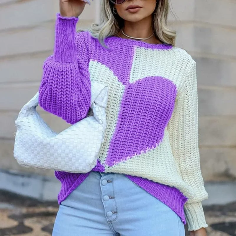 DressBetty - Elegant O Neck Love Print Patchwork Knitted Sweater Mesh Sweater Canvas Denim