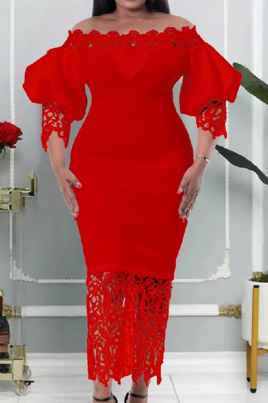 Red Off Shoulder Midi Cocktail Party Dress Tunics Practical durable