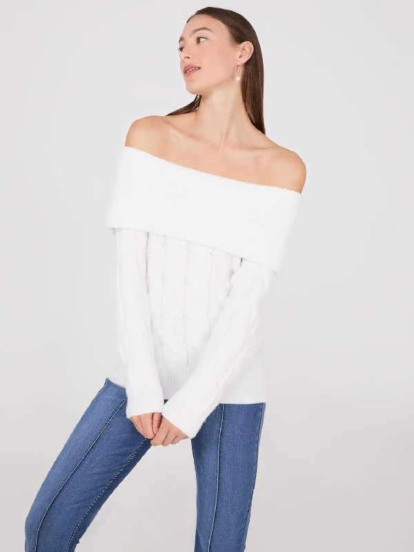 Off-The-Shoulder Cable Knit Sweater Iron Safe Non-Iron Wrinkle Free