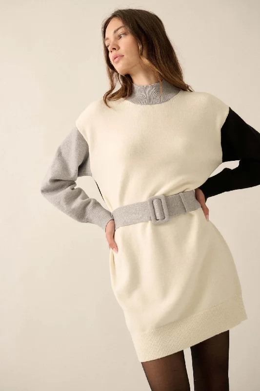 Modern Moment Colorblock Belted Mini Sweater Dress Notch Collar Peter Pan Collar Cowl Neck