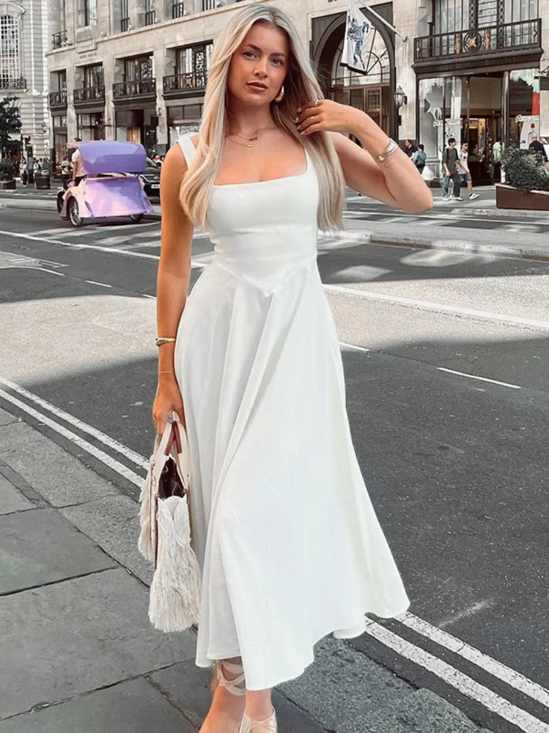 LIZAKOSHT  -  Woman Clothing Square Collar Sleeveless White Long Dress Ladies Fashion High Waist Backless A-line Party Dresses 2024 Streetwear Tunics Fall fleece