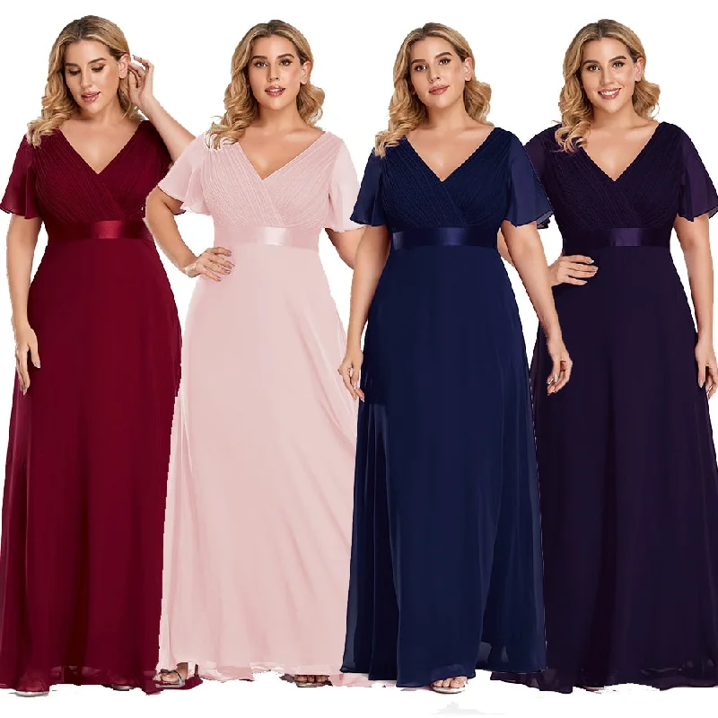 Plus Size Evening Dresses Long Elegant A Line V Neck Ruffles Chiffon Formal Wedding Party Dress Tunics Distressed trendy