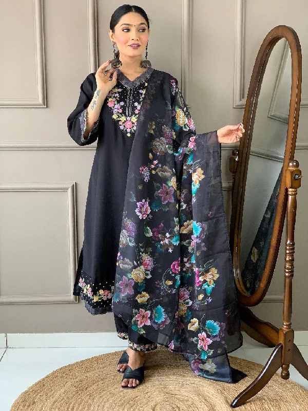 Black Designer Readymade Pant Suit With Printed Embroidery Work Fashionable Work Pants