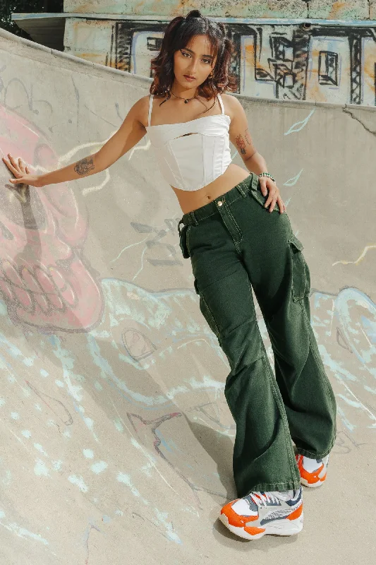 Contrast Stitch Green Cargo Pants Cozy Knit Pants