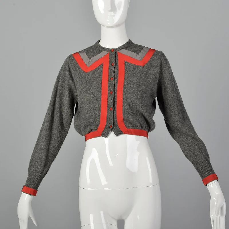 1950s Gray Cashmere Sweater with Red Trim Knit Fabric Woven Fabric Fleece Fabric