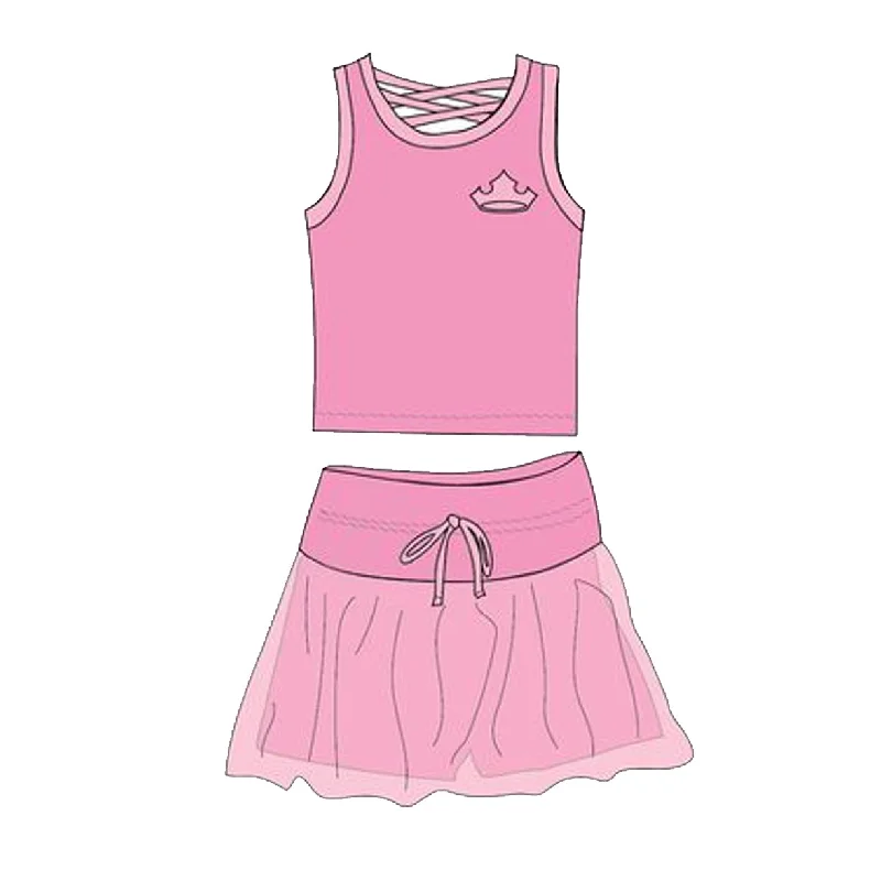 Preorder GSD2066 Hot pink crown Milk silk sleeveless top skirts shorts Girls Boutique Summer clothes  202502 wool skirt sturdy