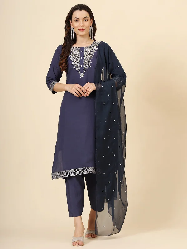 Navy Blue Designer Redaymade Pant Suit With Embroidery Work Stylish Casual Pants