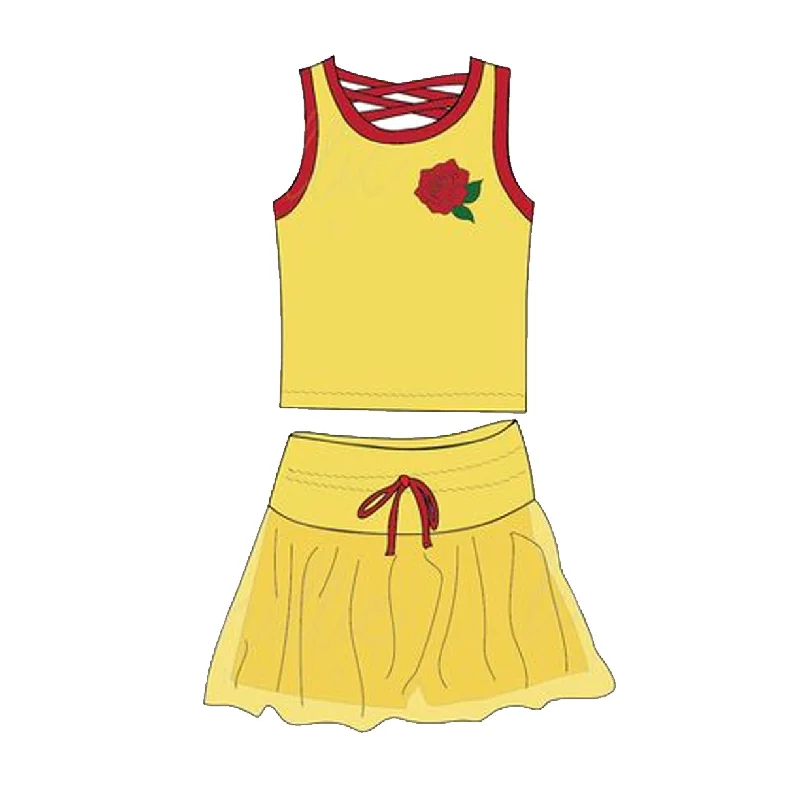 Preorder GSD2070 Yellow red flower Milk silk sleeveless top skirts shorts Girls Boutique Summer clothes  202502 high slit skirt