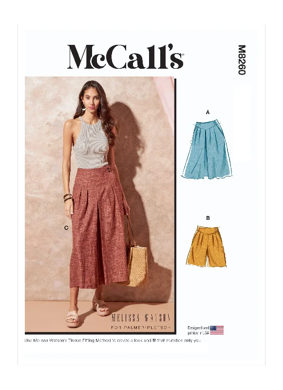 McCall's Pattern M8260 Miss Skirt Shorts Pant Comfortable Pleated Pants