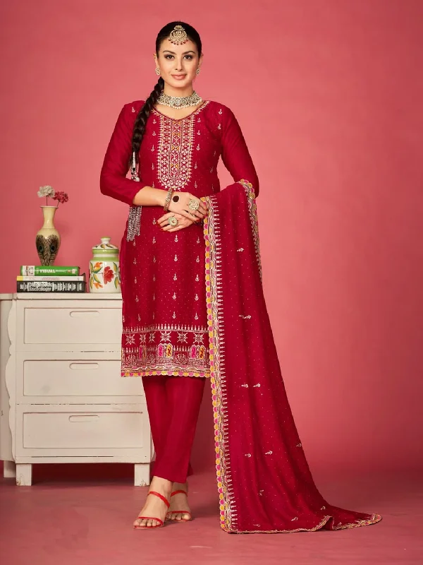 Maroon Traditional Designer Semi-Stitched Pant Suit With Embroidery Diamond Work Cozy Maternity Pants