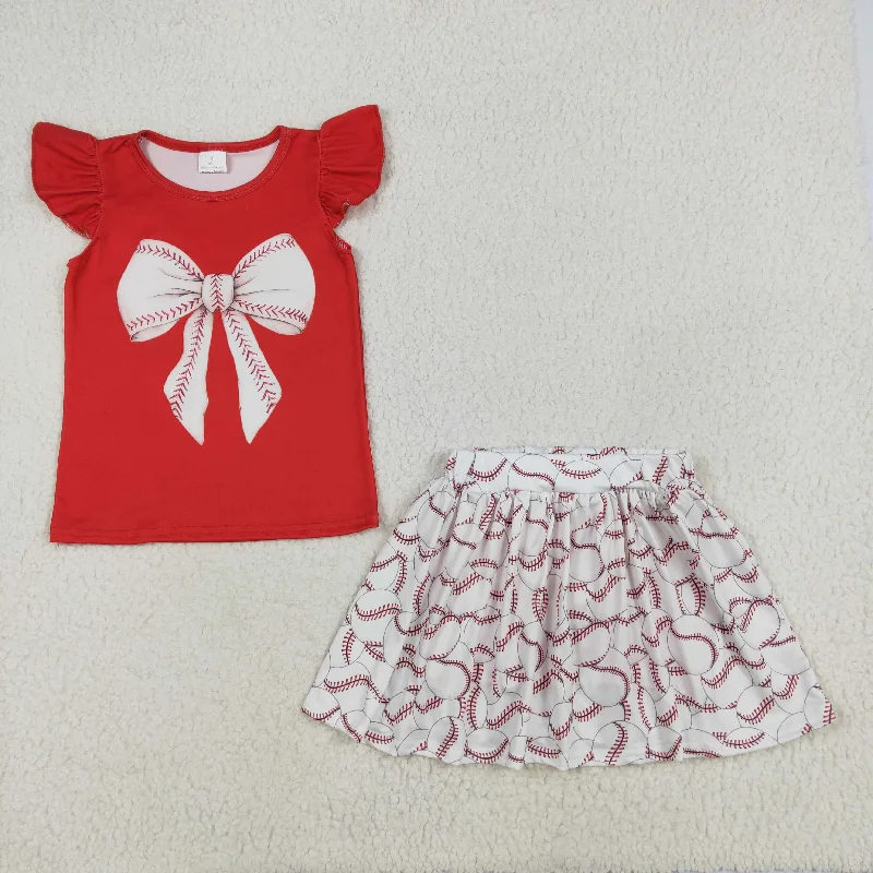 GSD1722 Red Baseball Bow Ruffled sleeveless top skirts shorts set Girls clothing sets summer outfit RTS 202501 casual skirt length