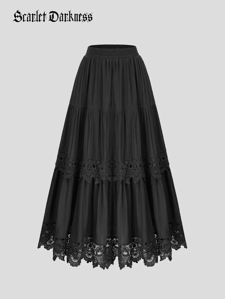 Tiered Skirt Lace Hem Elastic Waist A-Line Skirt relaxed fit skirt