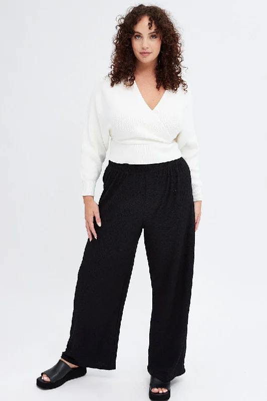Black Wideleg Pants Textured Jersey Classic Bootcut Trousers