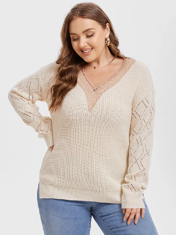 Eyelet Lace Drop Shoulder Split Pointelle Knit Sweater Fleece Fabric Down Fabric Feather Fabric