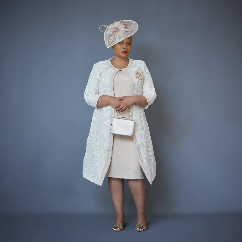 Light Beige Crepe Midi Dress with Cream Jacquard Jacket Herringbone Jacket Checkered Jacket Solid Jacket