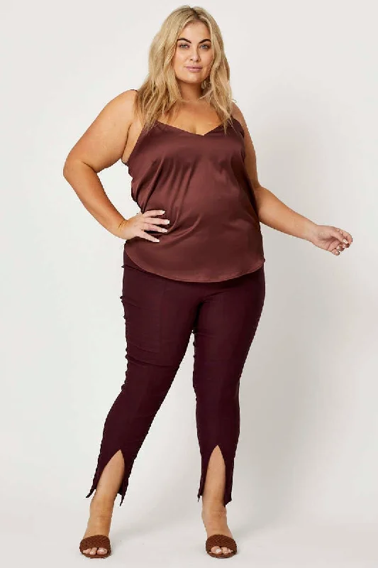 Red Slim Leg Pants High Rise Cut Out Hem Trendy High-Waist Trousers