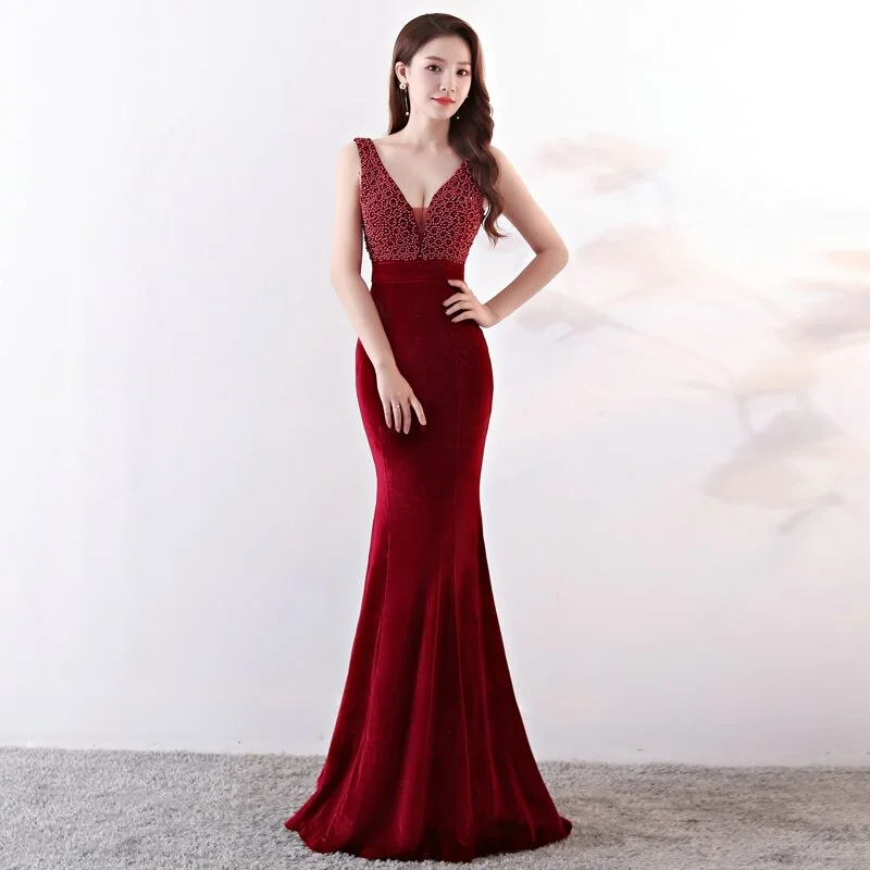 New V-neck Beading Long Evening Dress Sexy Backless Velour Evening Party Dress Tunics Leisure comfortable