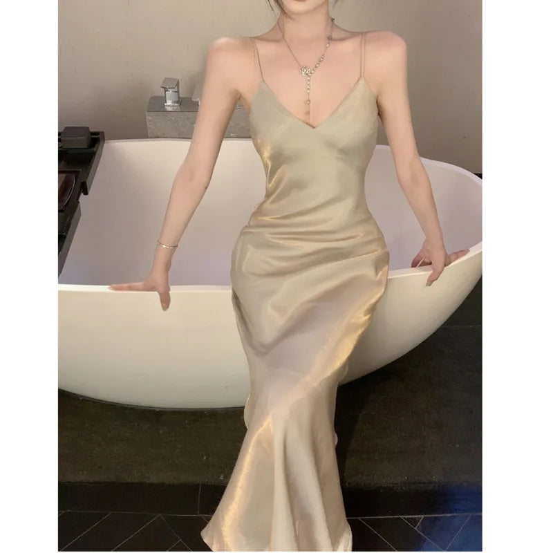 LIZAKOSHT -  New Sexy Moonlight Fishtail Skirt Fashion V Neck Elegent Long Dress Summer Suspender Strap Backless Chic Evening Party Dress Tunics Wedding white