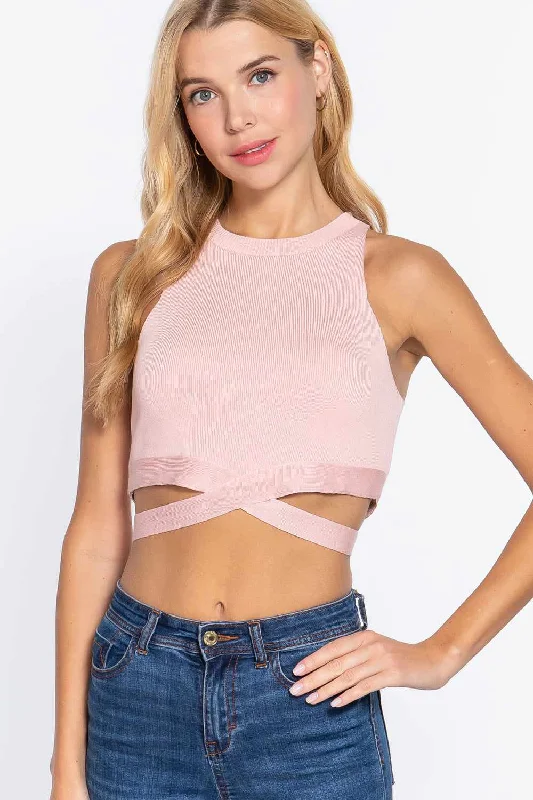 Sleeveless Crew Neck Waist Tie Crop Sweater Top Turtle Neck Boat Neck Asymmetrical Neck