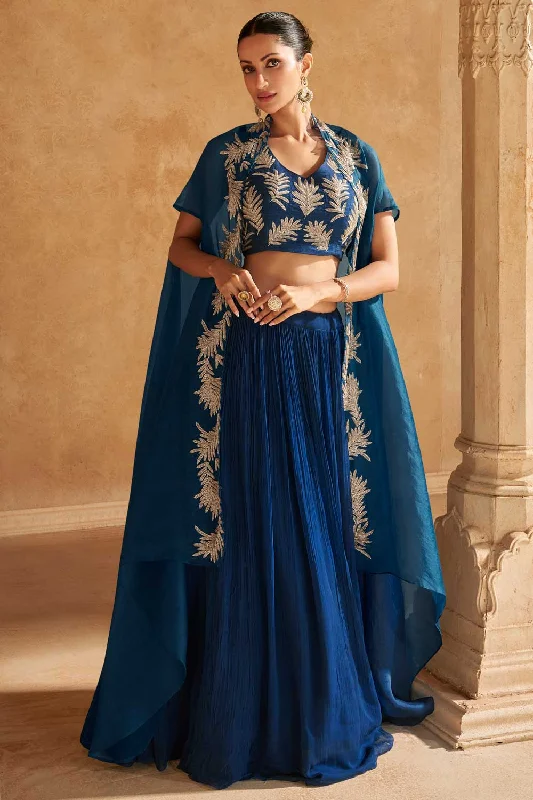 Blue Color Alluring Chinon Silk Readymade Lehenga Choli With Jacket Rayon Fabric Velvet Fabric Corduroy Fabric