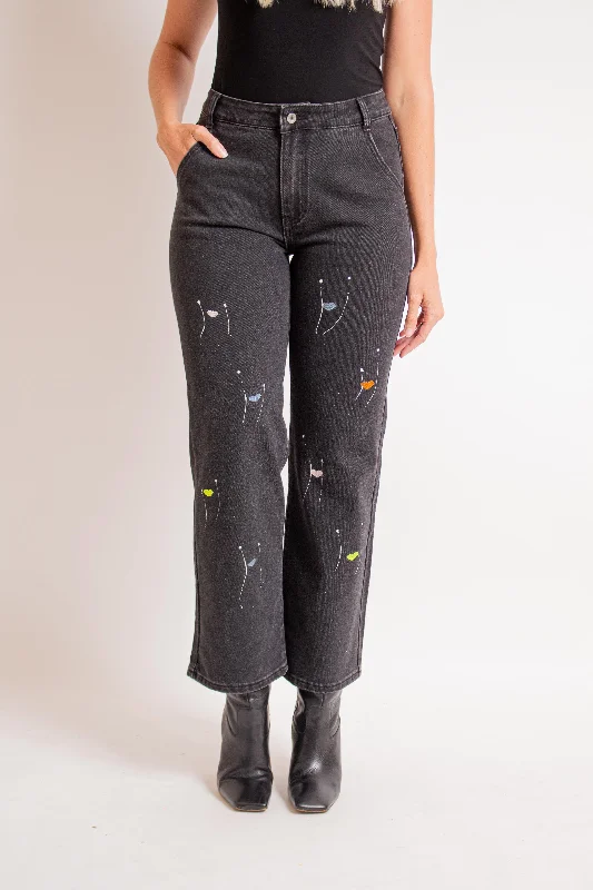 Black Heart Splatter Denim Pant Casual Wide Pants