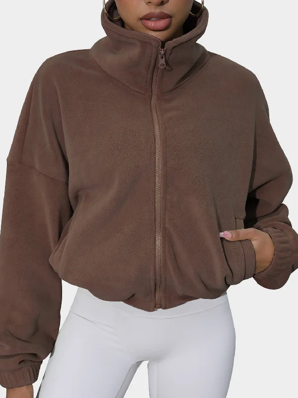 Drawstring Turtleneck Zip Up Long Sleeve Jacket Knit Fabric Woven Fabric Fleece Fabric