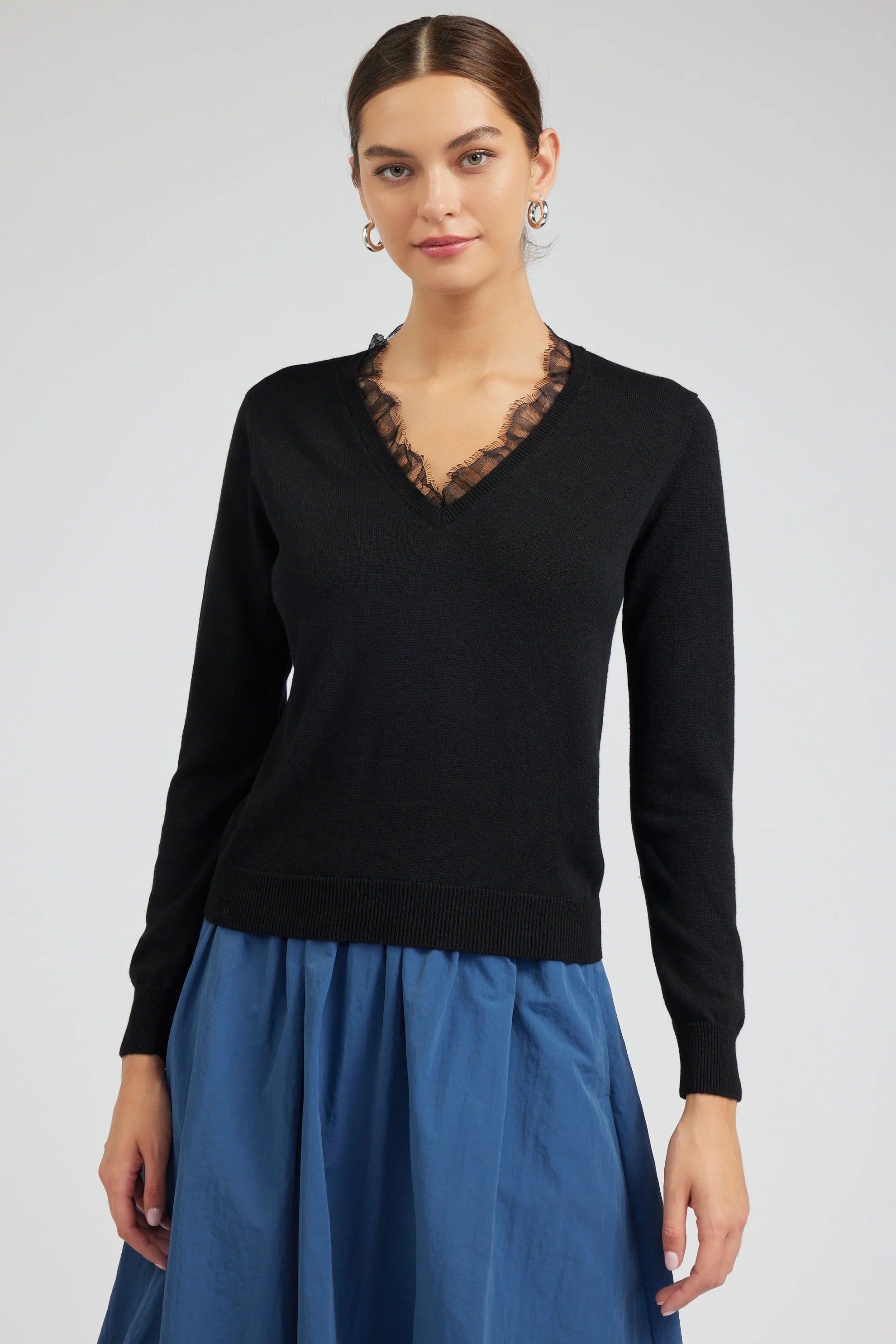 lace trim v neck sweater Anti-Pilling Anti-Shrink Durable