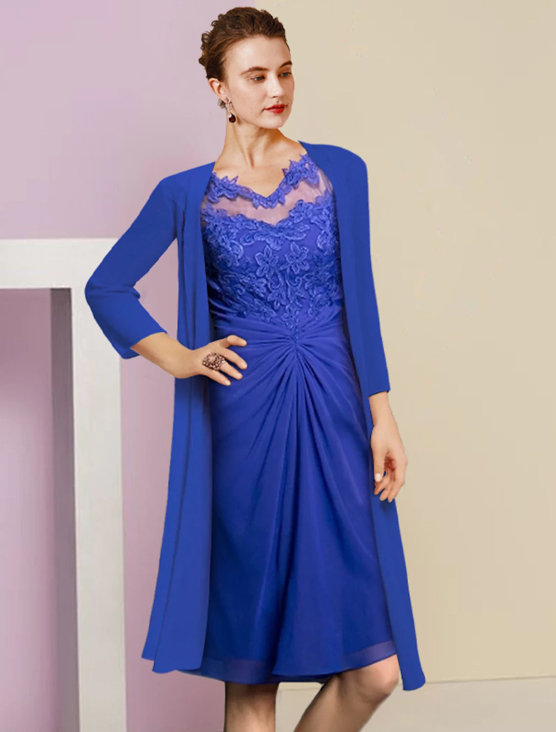 Two Piece Sheath / Column Mother of the Bride Dress Formal Wedding Guest Vintage Elegant V Neck Knee Length Chiffon Lace Half Sleeve Jacket Dresses with Appliques Corduroy Jacket Velvet Jacket Brocade Jacket