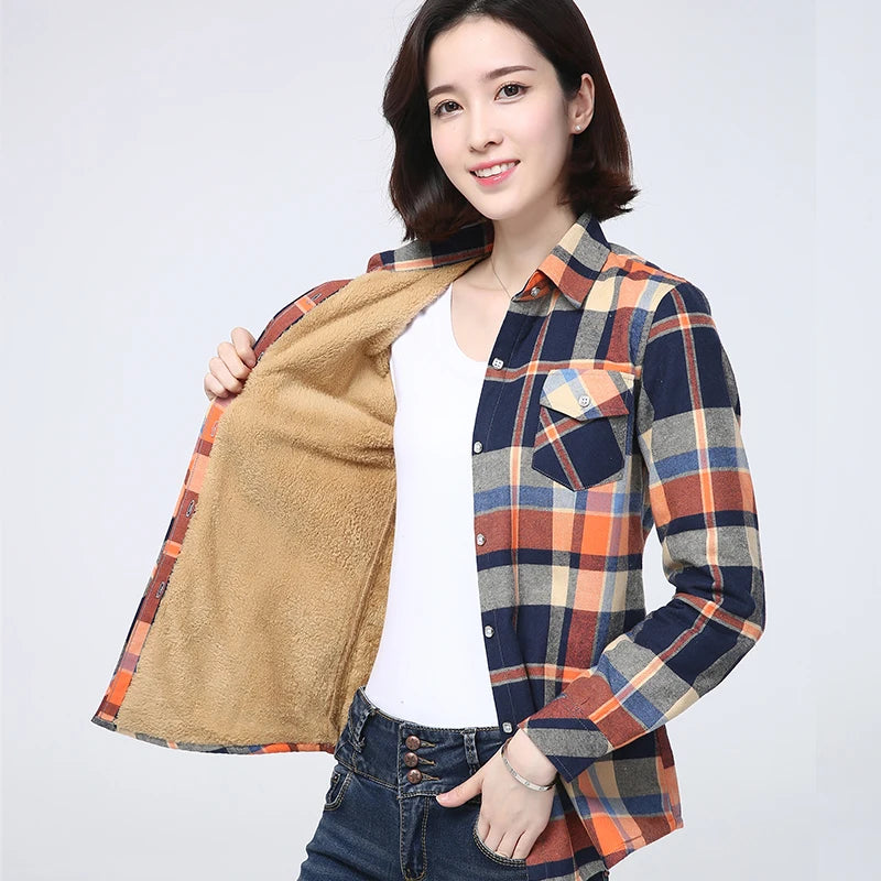 Winter Plus Thick Women's Warm Plaid Shirt Coat Velvet Jacket Jersey Jacket Tulle Jacket Batik Jacket