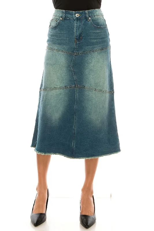 Calf  Length Stretch Denim A-Line Skirt (89085-SKT) lace skirt intricate