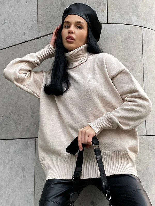 Thick Oversize Turtleneck Winter Warm White Knitted Oversized Sweater Bright Pastel Dark