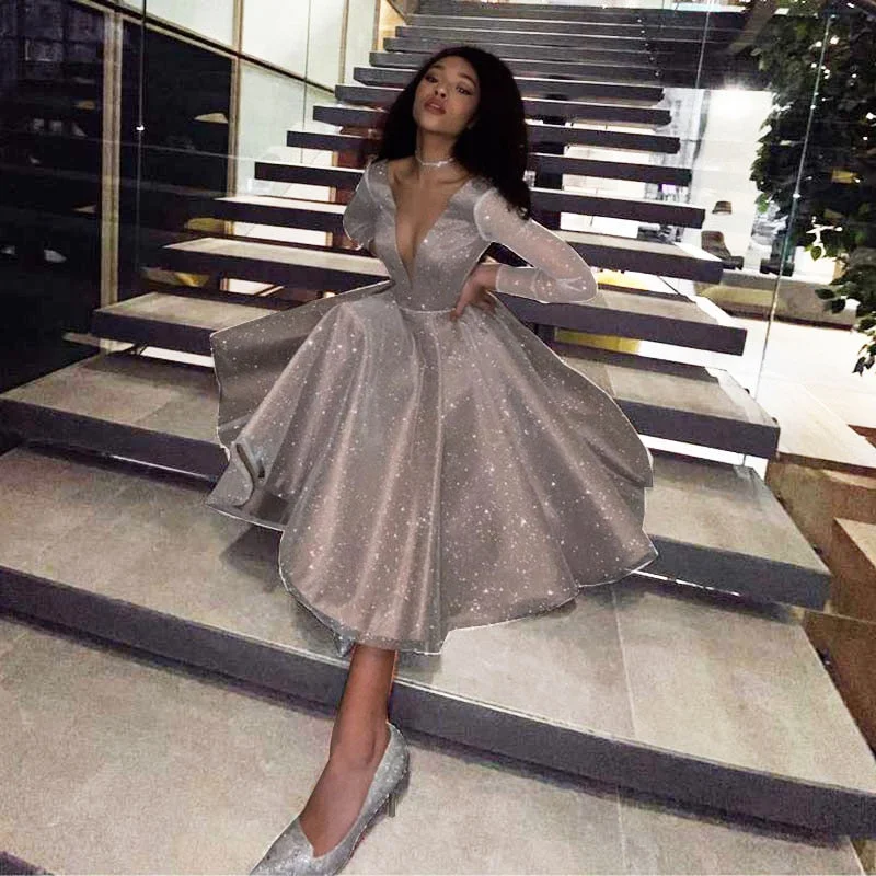 SoDigne Sparkling Evening Dress 2021 robe longue V- neck Long Sleeves Medium Length Wedding Party Dress Prom Gowns Tunics Chic fashionable