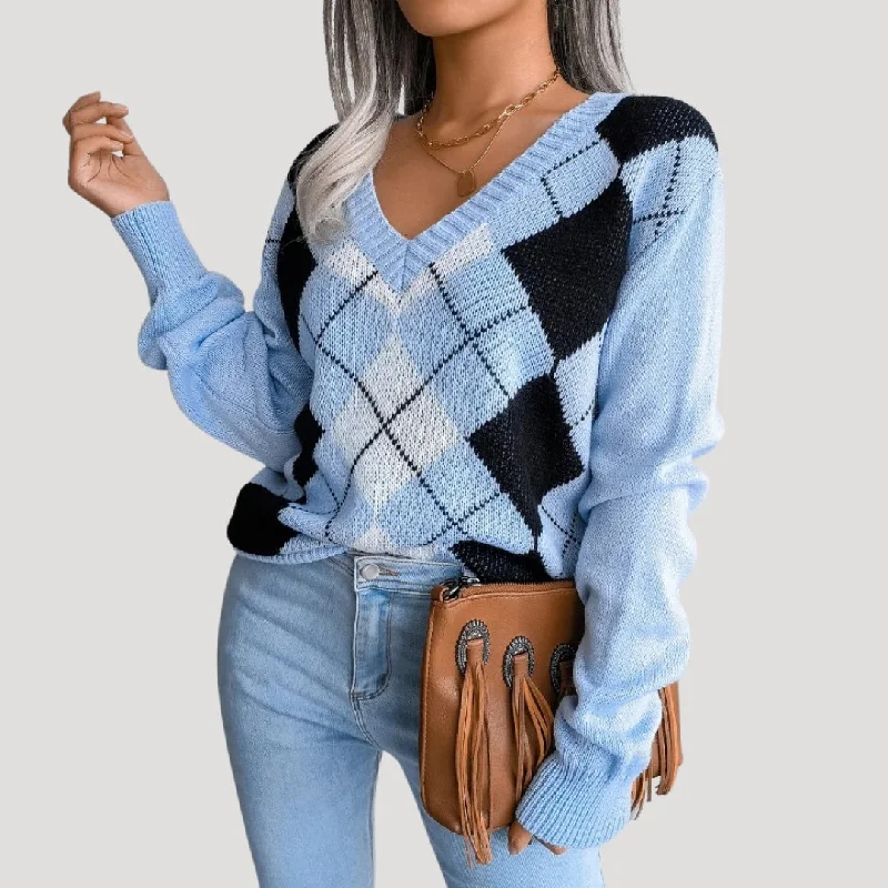 Argyle knit V-neck oversized sweater Chenille Fabric Brocade Fabric Lace Fabric