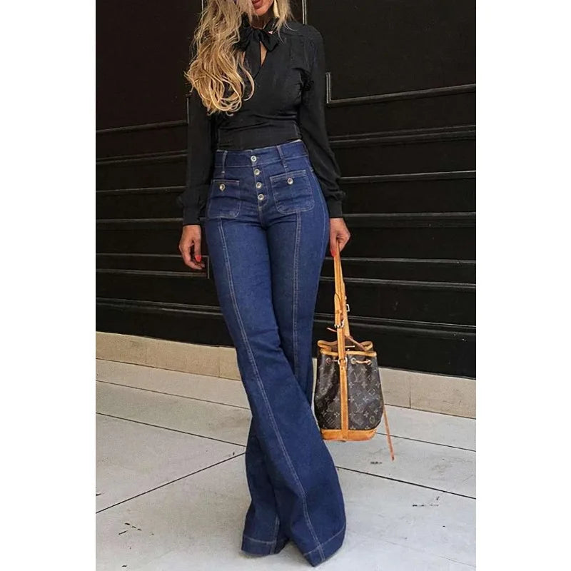 2024 Spring Summer New Women's Retro High Waist Stitching Washed Denim Stretch Slim Bell-Bottom Pants Sleek Black Pants