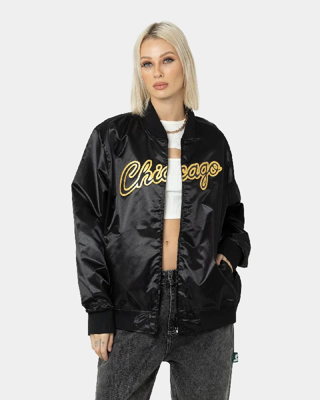 Mitchell & Ness Chicago Bulls Big Face 4.0 Satin Jacket Black Notch Collar Jacket Peter Pan Collar Jacket Cowl Neck Jacket