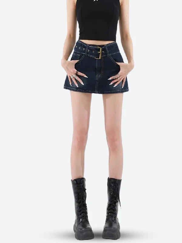 Grunge Belted Denim Mini Skirt a-line skirt cut