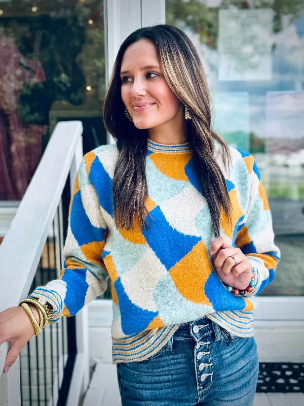 Turquoise Multi -Block Color Sweater Stretchy Elastic Breathable