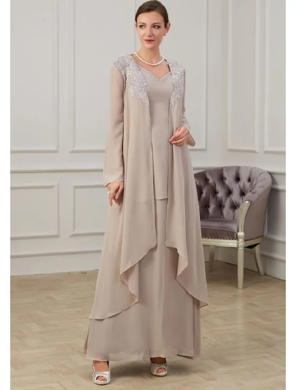A-Line Mother of the Bride Dress Elegant Floor Length Chiffon Long Sleeve Jacket Dresses with Appliques Knit Fabric Woven Fabric Fleece Fabric