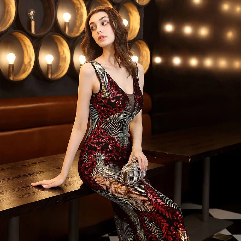 New V-neck Evening Dress Sleeveless Sequins Formal Party Dress Elegant Mermaid Robee De Soriee Shining Contrast color Gowns Tunics Running lightweight