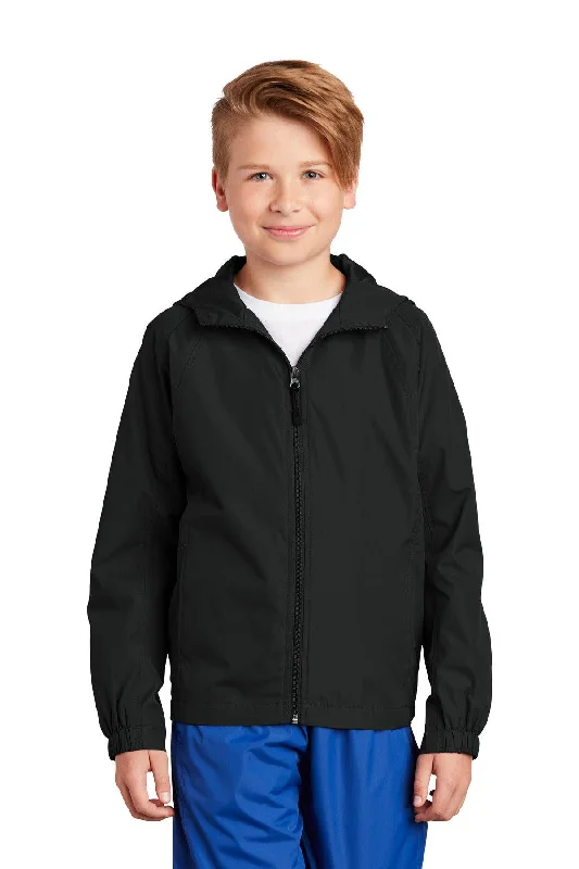 Sport-Tek Youth Hooded Raglan Jacket. YST73 Stand-Up Collar Roll-Neck Collar Turtle Neck