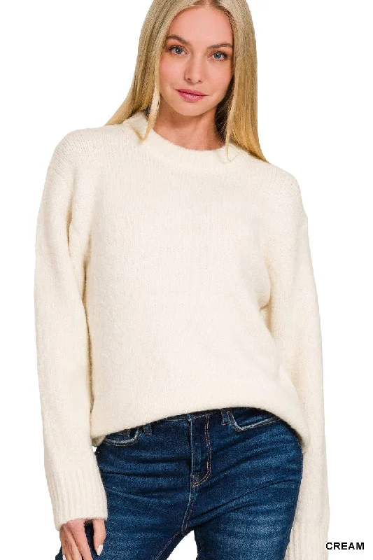 ROUND NECK SWEATER in CREAM, MOCHA OR TEAL Denim Fabric Leather Fabric Suede Fabric