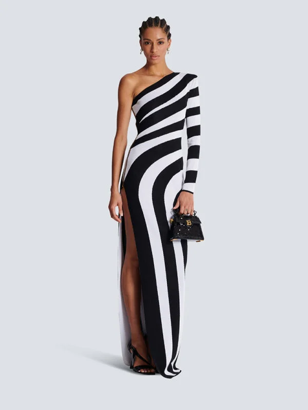 Blue Zone Planet |  Zebra Print One Shoulder Long Sleeve Bare Leg Bandage Dress Banquet Party Dress Tunics Practical easy-care
