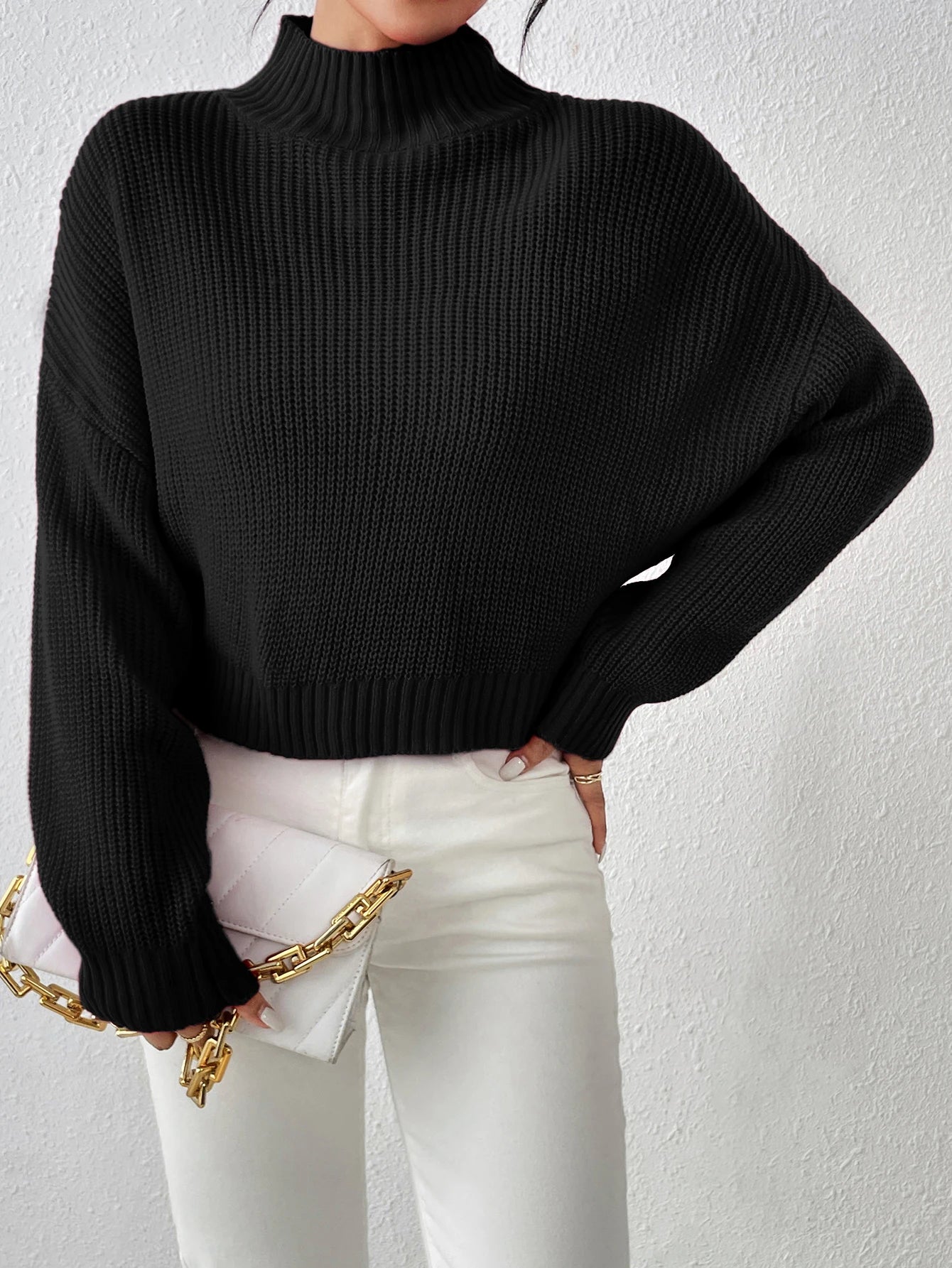 Ribbed Knitted Mock Long Solid High Drop Shoulder Sweater Fleece Sweater Nylon Polyester