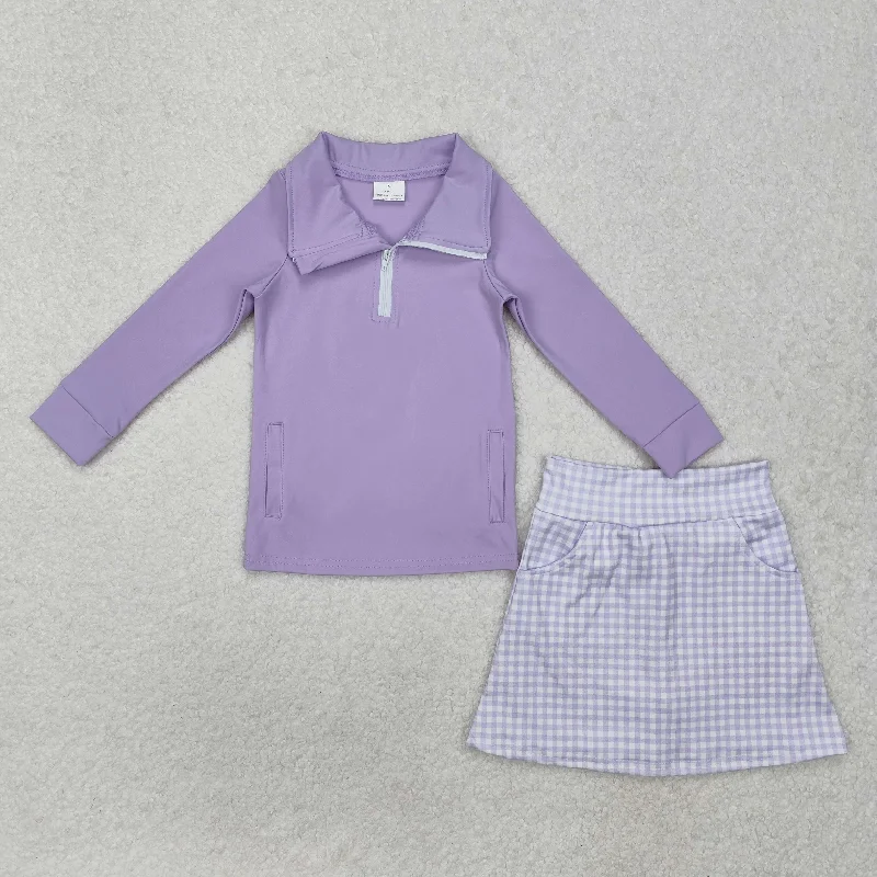 GLD0985 Purple Yoga  Outfit long sleeve zippy  top shorts skirts  set Girls clothing sets summer outfit RTS 202501 patchwork skirt art