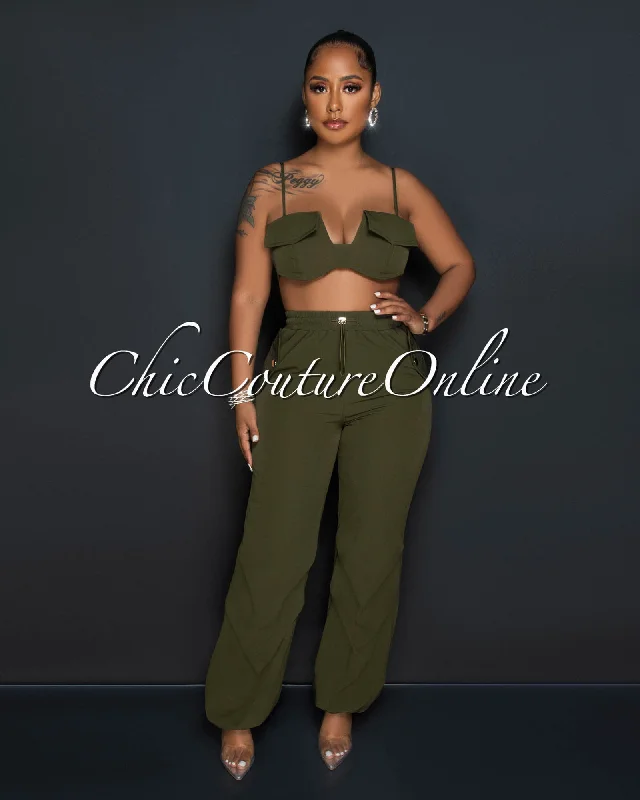 Trixie Olive Green Top & Jogger Jogger Pants Set Classic Bootcut Trousers