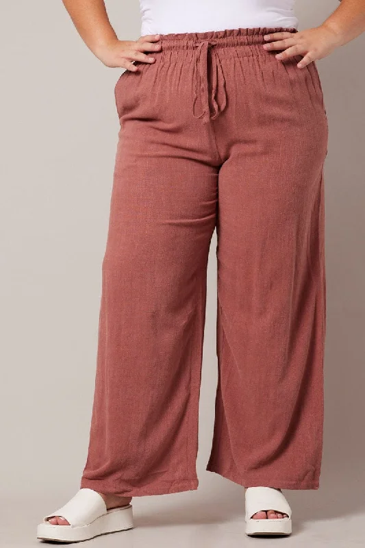 Brown Wideleg Pants Paperbag Elastic Waist Linen Blend Chic Slim Fit Pants