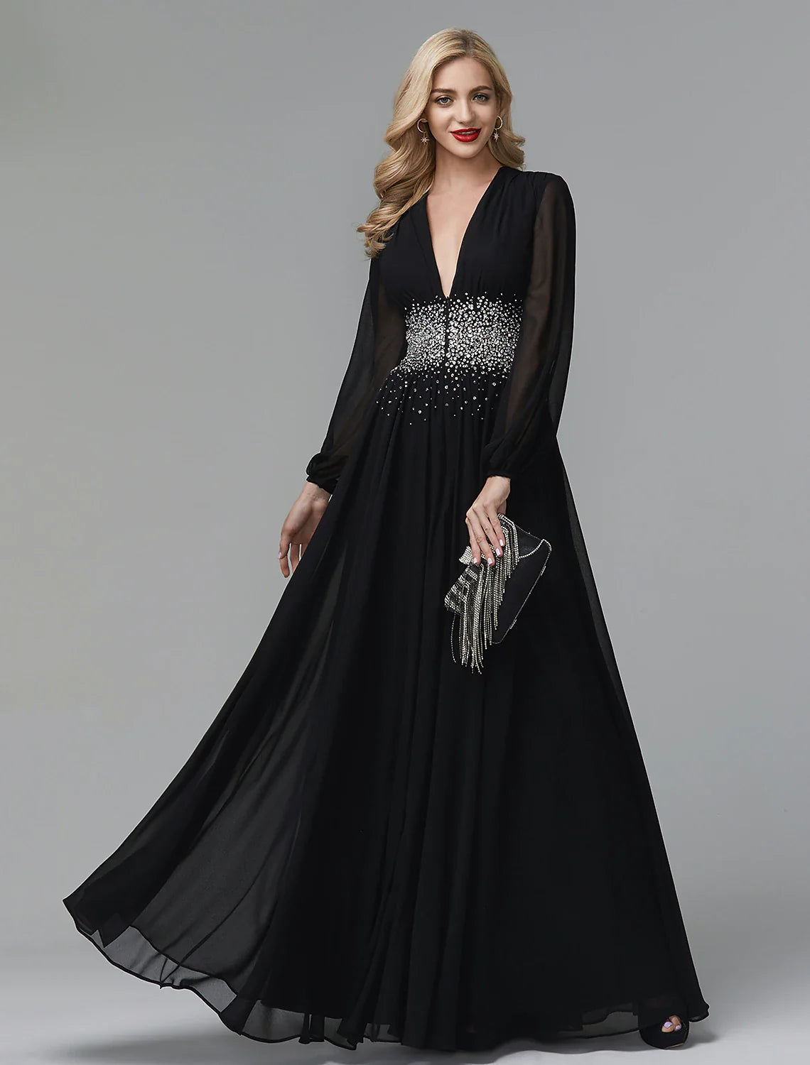 A-Line Evening Dress Celebrity Red Carpet Formal Gown Party Dress Black Tie Wedding Guest Floor Length Long Sleeve V Neck Chiffon with Sequin Tunics Print Colorful