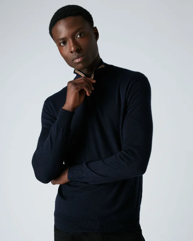 Men's Regent Fine Gauge Cashmere Half Zip Sweater Navy Blue Layered Multi-layer Single Layer