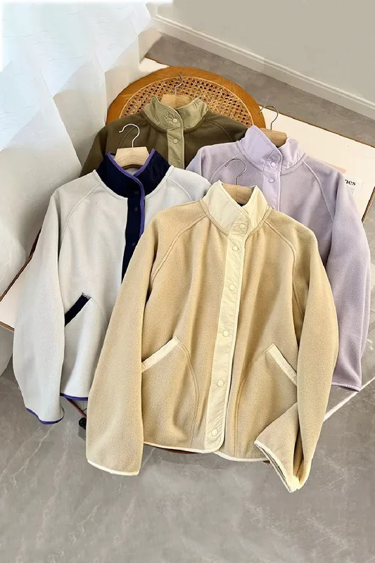 Snap Down Contrast Fleece Jacket with Pockets Denim Jacket Leather Jacket Suede Jacket