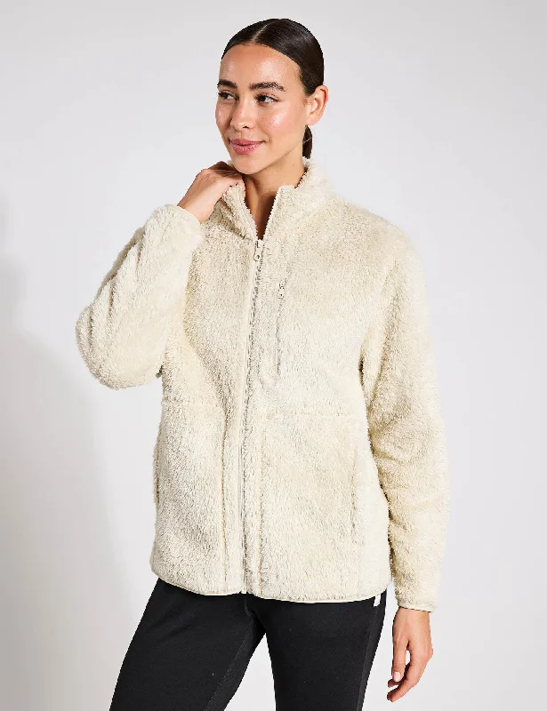 Full-Zip Sherpa Jacket - Sandstone Front Pockets Side Pockets Patch Pockets